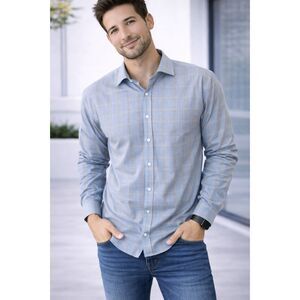 Thomas Dean Pima Cotton Plaid Button Up Shirt Blue Men L